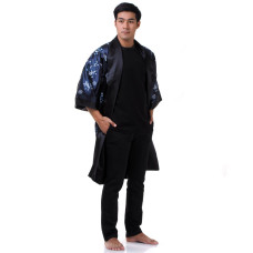Navy Blue Japanese Reversible Satin Kimono Robe for Men QKU2M
